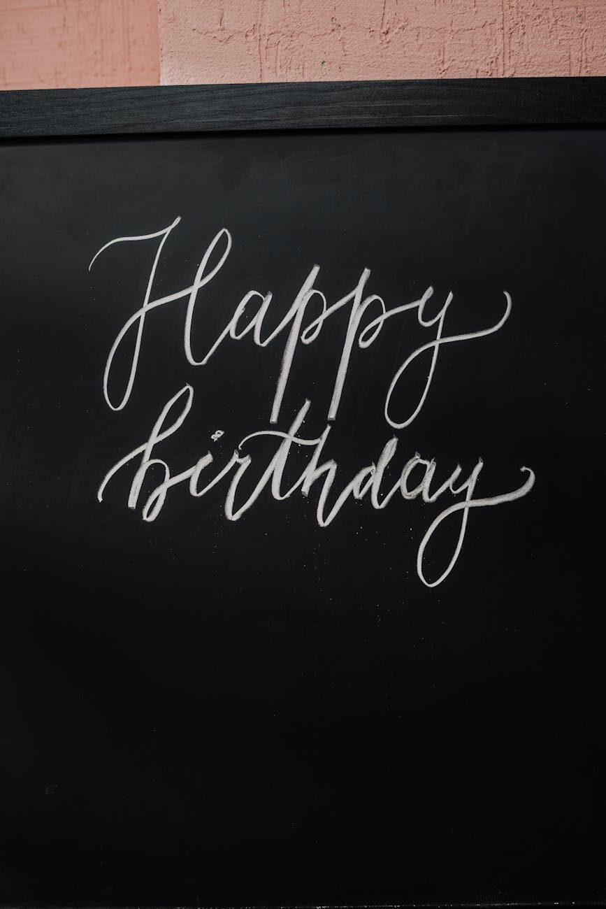 happy birthday text on a black board